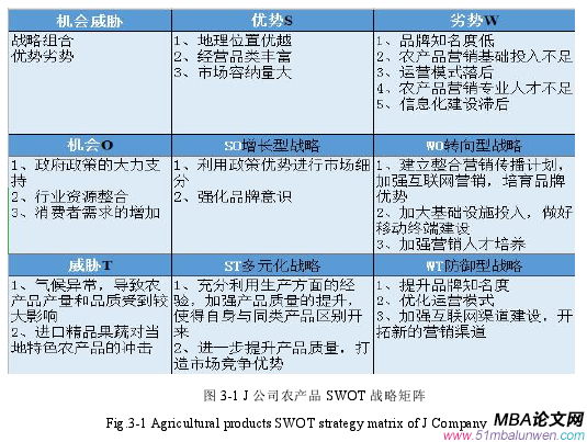 圖 3-1 J 公司農(nóng)產(chǎn)品 SWOT 戰(zhàn)略矩陣