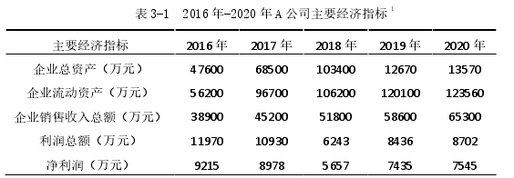 表 3-1  2016 年-2020 年 A 公司主要經(jīng)濟指標